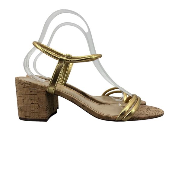 Schutz Women 9.5 Sandal Gimenez 60MM Gold Metallic Cork Block Heel Sling Back - Picture 1 of 12